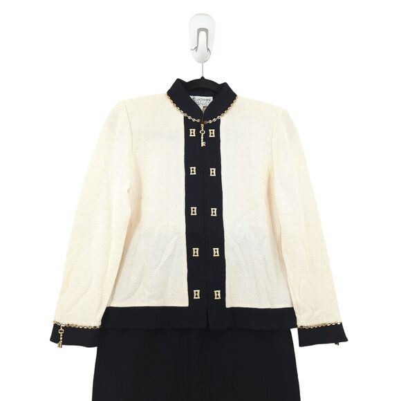 St John Evening Women 4 Santana Suit Blazer Midi Skirt White Black Key FALL 2001 - Picture 3 of 11